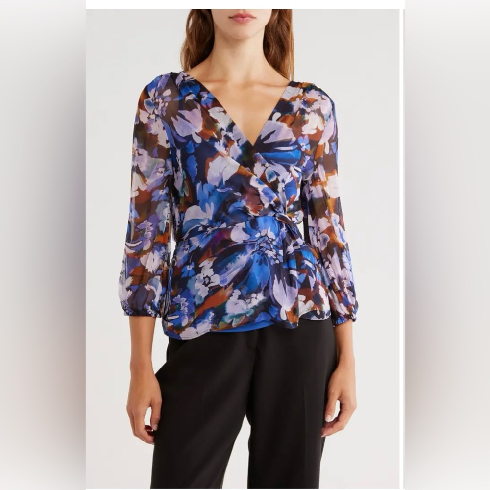 10 Crosby Derek Lam Michele Floral Faux Wrap Blouse Blue Multi Sz XS NWT